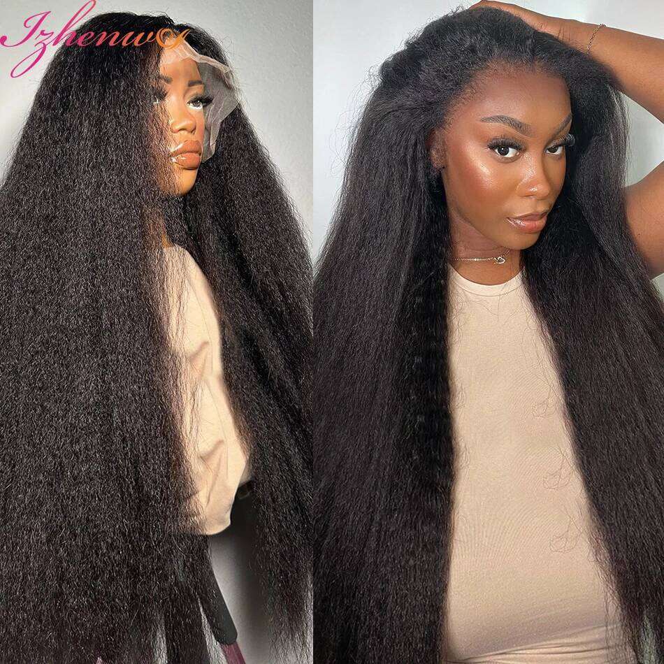Transparent Kinky 13x6 Frontal Wigs Yaki Straight Human Hair Pre Plucked Remy Lace Closure Wig 250 Density
