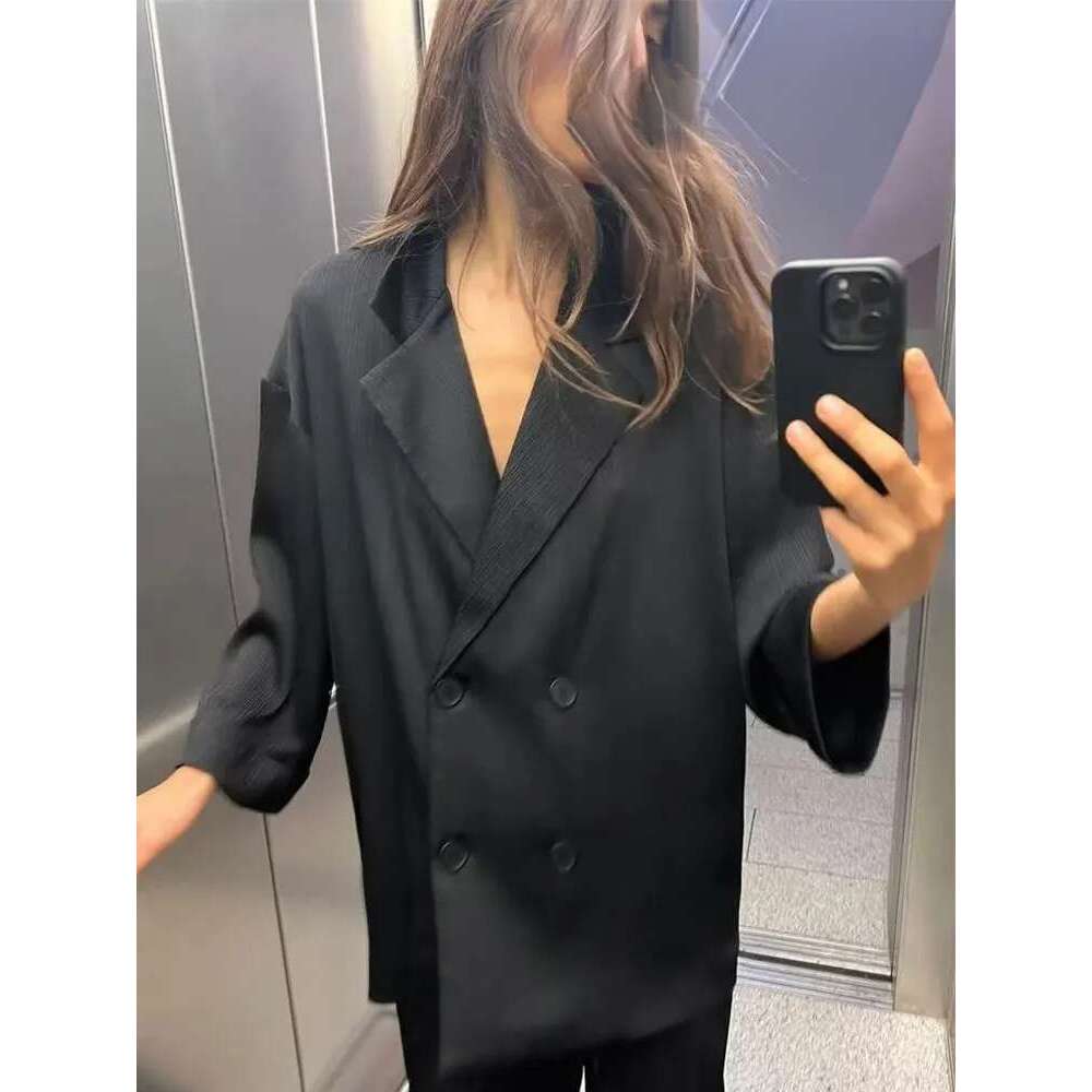 Commuter Suit 2-Piece Retro Wrinkle Effect Double-Breasted Blazer + High-Waisted Women's Casual Lace-Up Trousers