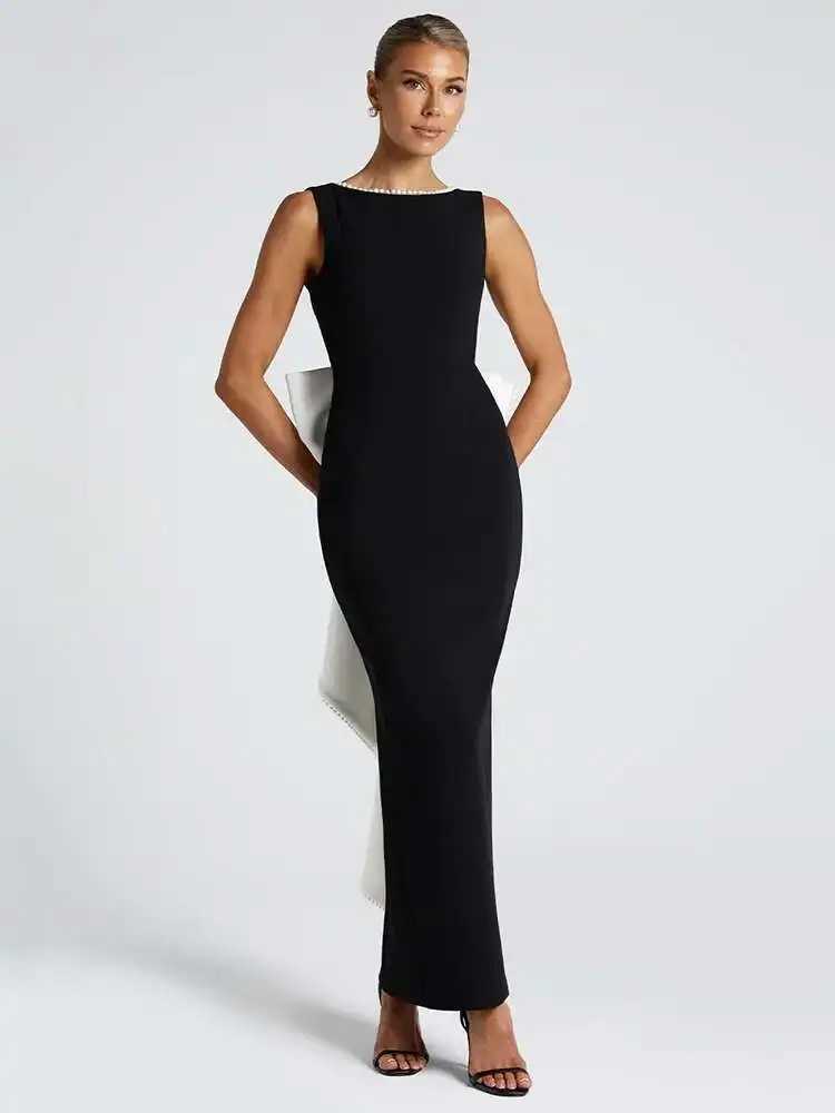 Mozision Elegant Pearl Bow Backless Sexy Maxi Dress Women Gown Fashion Sleeveless High Waist A-line Club Party Long Dress XJ250610
