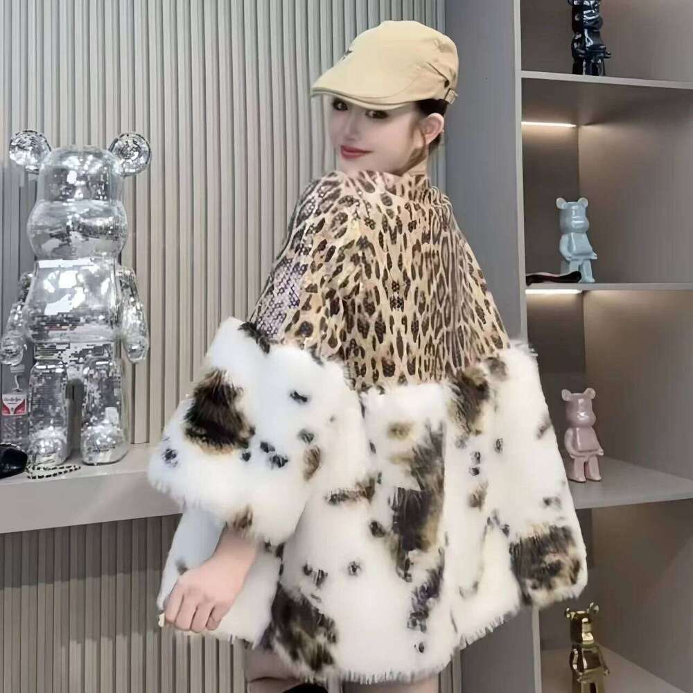 Faux Mink Fur Coat for Women,Leopard Print Spliced Jacket,Thick Warm Clothes,High Quality,Autumn and Winter,2024