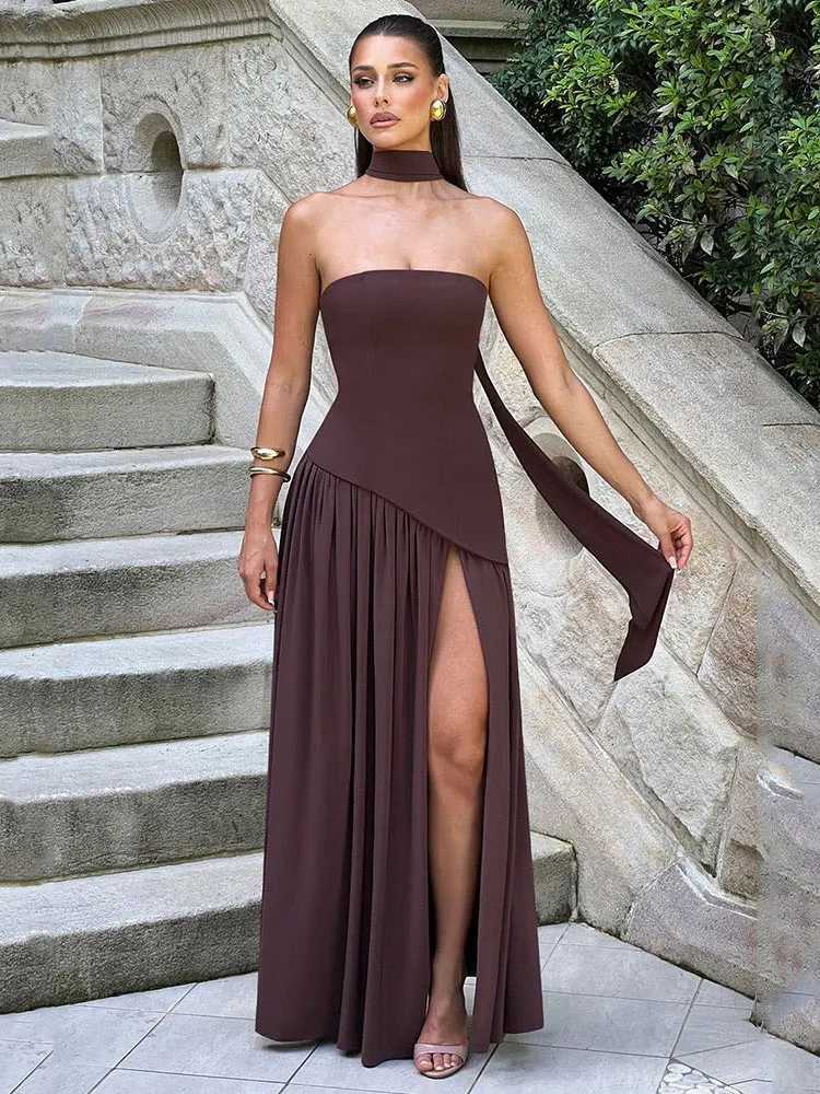 GACVGA Elegant Strapless Sexy Maxi Dress Women Gown Scarf Collar Bandage Backless High Split Club Party Evening Long Dress XJ250610