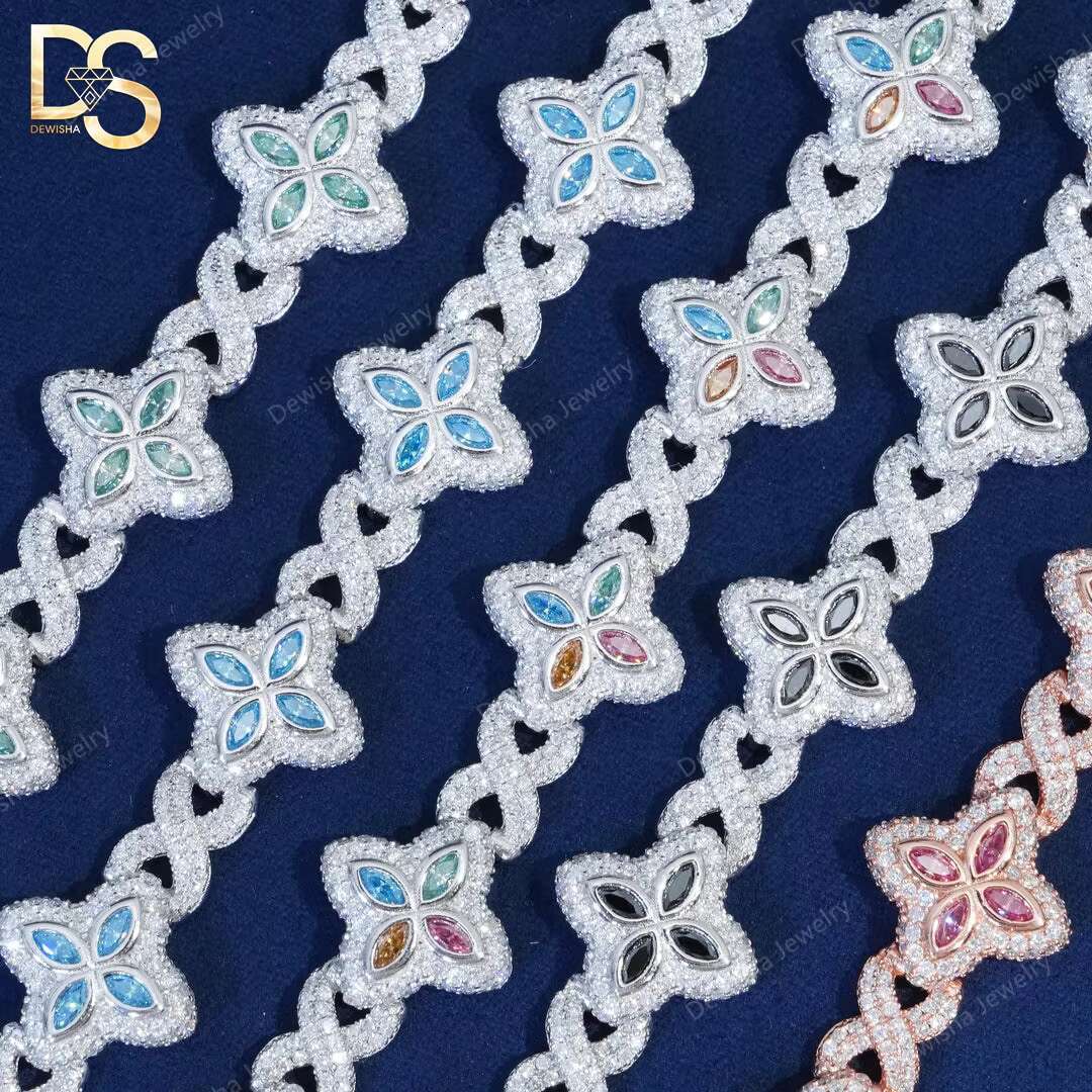 Hip Hop Jewelry 15mm Marquise Flower Design Iced Out Unisex Moissanite Cuban Link Chain 925 Silver Moissanite Bracelet