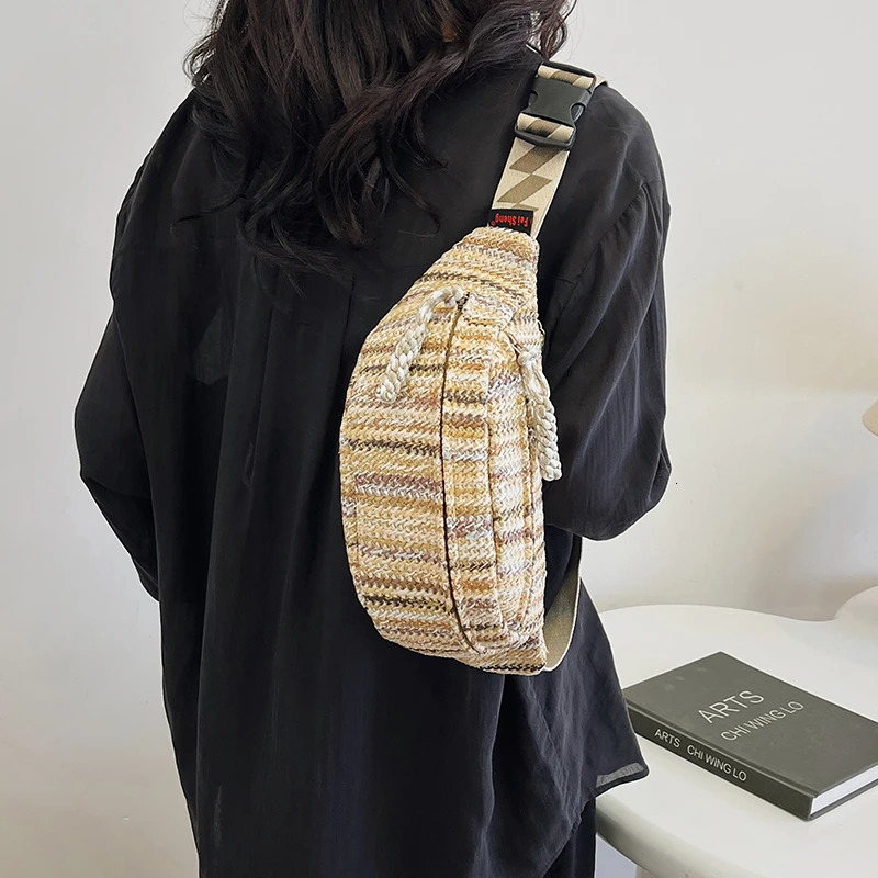 Elegance Lady Fanny Pack Hand Woven Waist Bag Summer Female Belt Bags Rainbow Stripes Crossbody Chest ner Banana Packs 250605