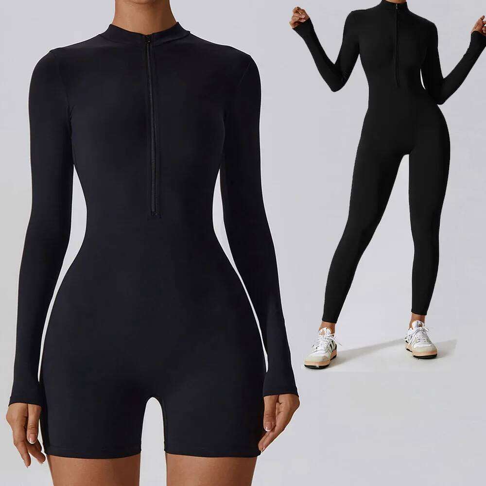 Yoga Women Seamless Sports Zipper Jumpsuit Set Long Sleeve Fiess Suit Elastic Gym Workout Bodysuit Wear