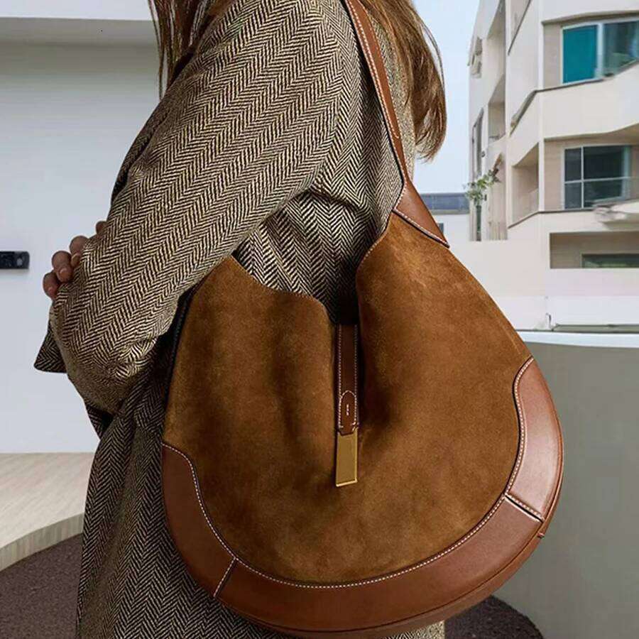 Women's Underarm Suede Splicing Pu Leather Design Dumpling Tote Bag Fashion Brown/Black Shoulder Crescent Handbags Bolsa