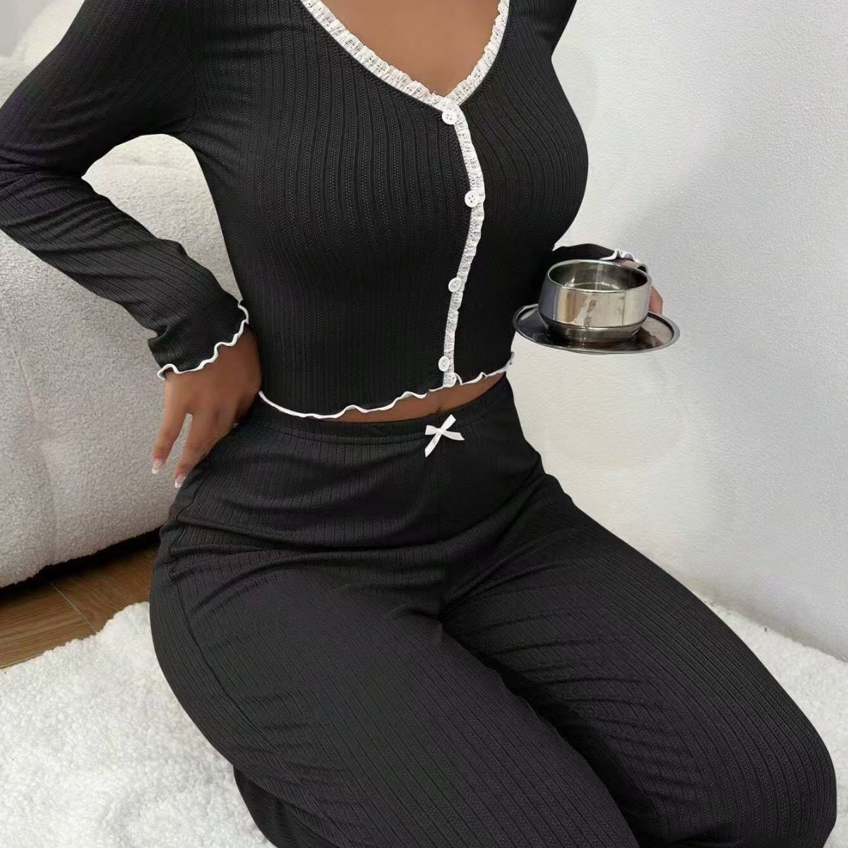 B415-New European and American home clothes pajamas long sleeves and long pants slim lace double long home suit