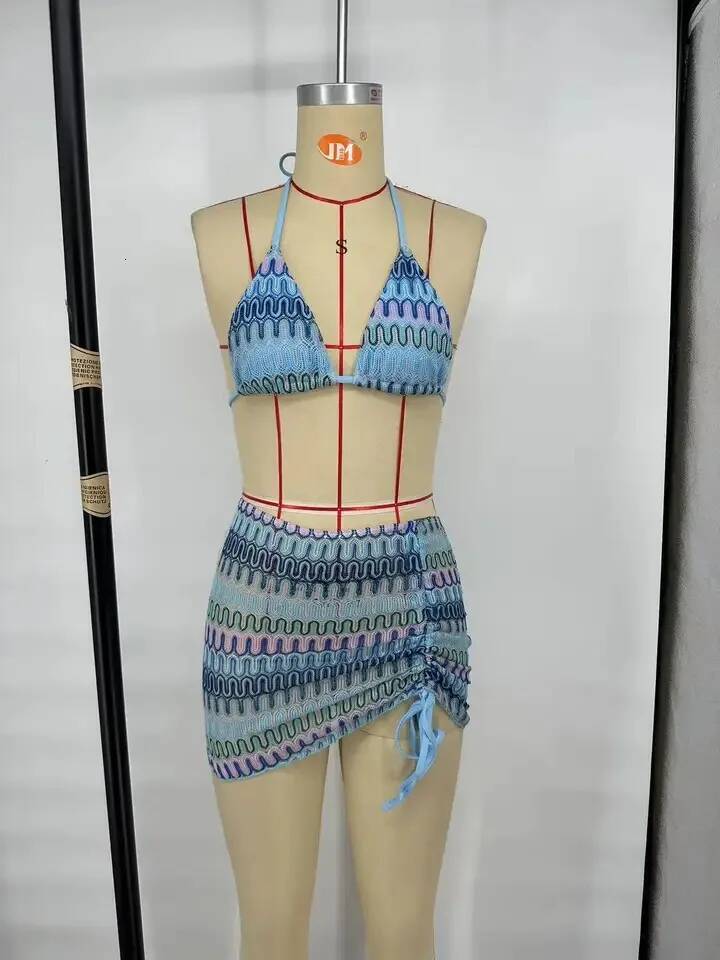 Designer 2023 Women Sexy knitting three piece swimwear Bikini Set Skirt Cover Up Swimsuit Beachwear Biquini