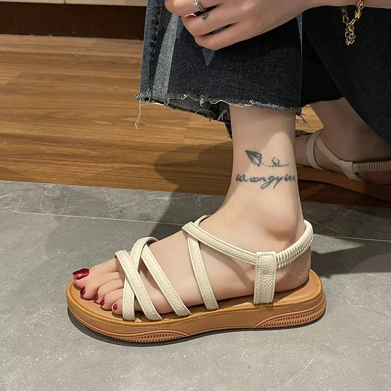 Upgraded Roman sandals womens flat-soled elastic band soft-soled summer sandals womens cross-strapped sandals 250604