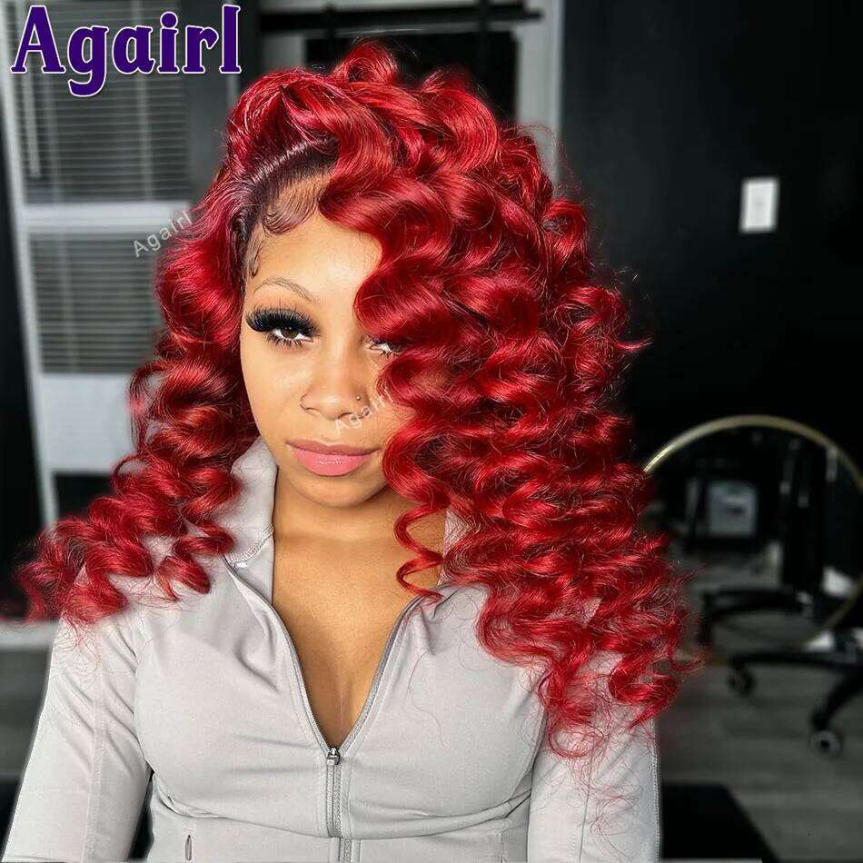 Bury 99J Human Hair Ready To Wear Pre Plucked Loose Curly Colored For Women 1B/Red Lace Frontal Wigs
