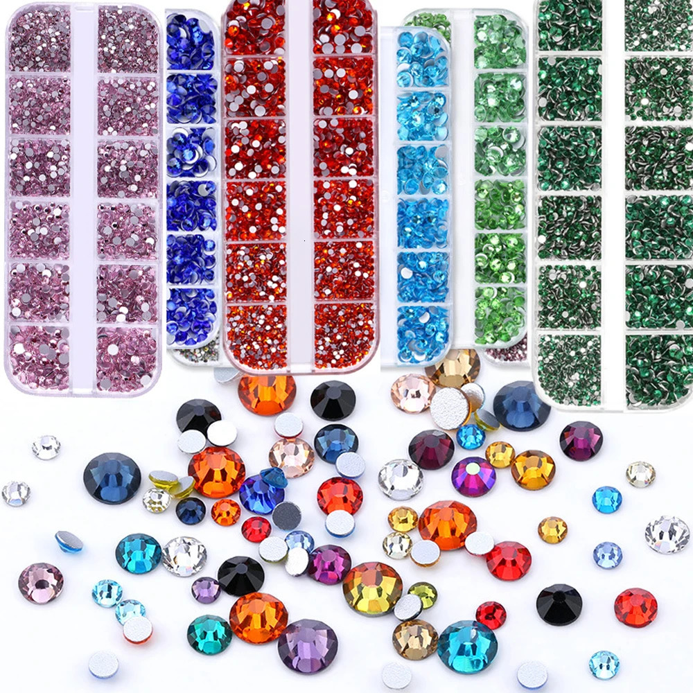 2400pcs Shiny Clear Crystal Gems Nail s 154mm Mixed Round Glass Stone Flatback Charms 12grids Diamond DIY 250606