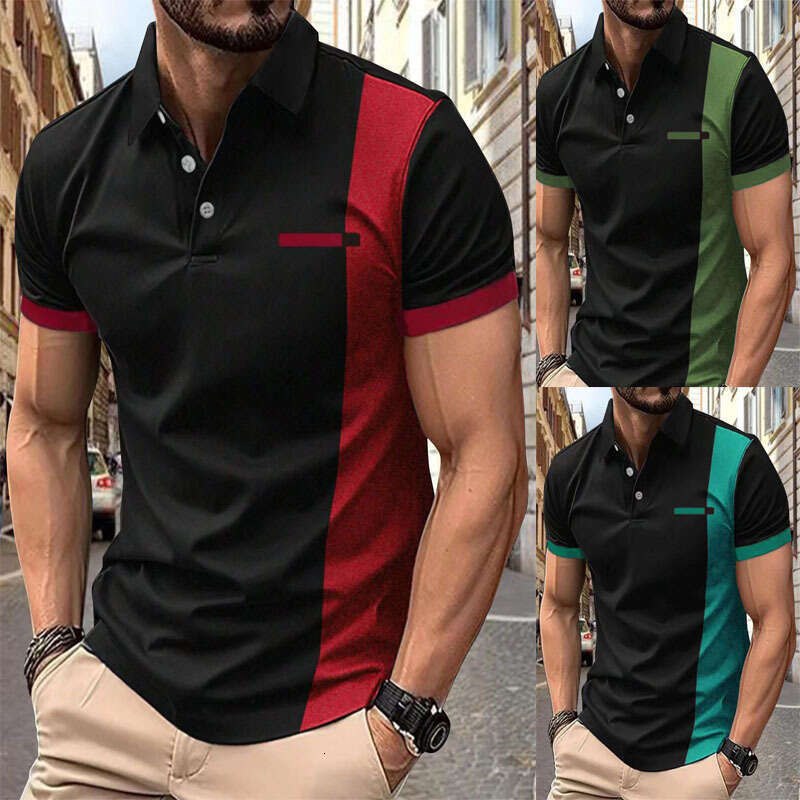 Ins Men's Summer Collar Striped Print Short Sleeve Polo Sports Shirt B5