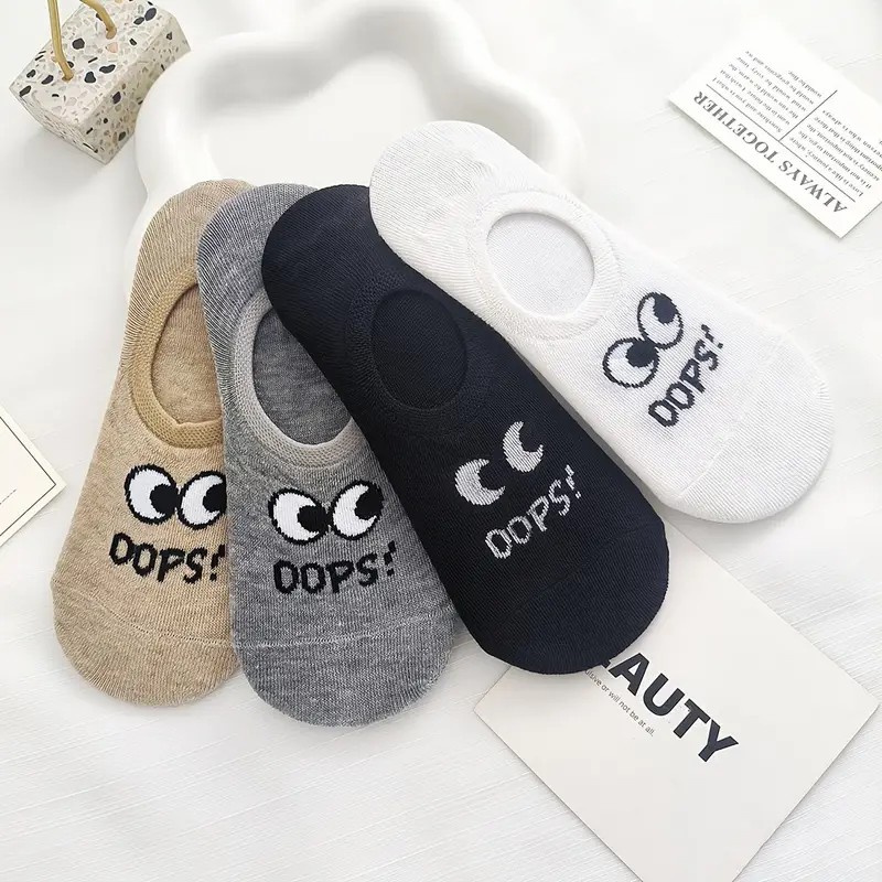 Cute Big Eyes & Oops Letter Print Non-Slip Breathable Boat Socks - Lightweight Multi-Colored Soft Fabric