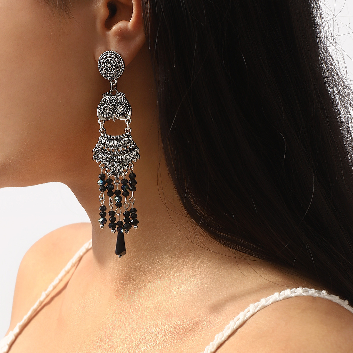 Vintage Ethnic Inspired Owl Tassel Earrings Bohemian Style Statement Jewelry with Retro Sophistication