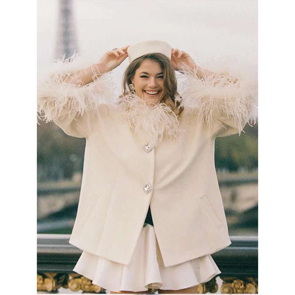 Elegant Feather Collar Cape Coats For Women Casual Solid Single Breasted Jackets Lady Autumn Chic Loose High Street Outwear Tops