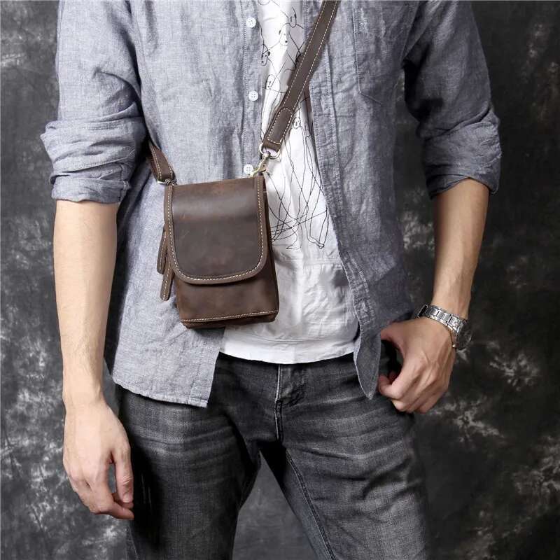 High quality simple crazy horse cowhide men's messenger casual vintage genuine leather small shoulder phone belt bag