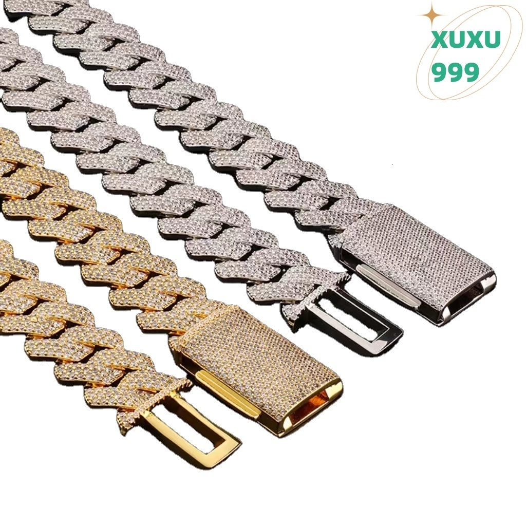 OACOCA Popular Mossinate Cuban Chain for Men 3rows 8mm-14mm Width Hip Hop Necklace Jewelry 925 Solid Silver Chain Necklace