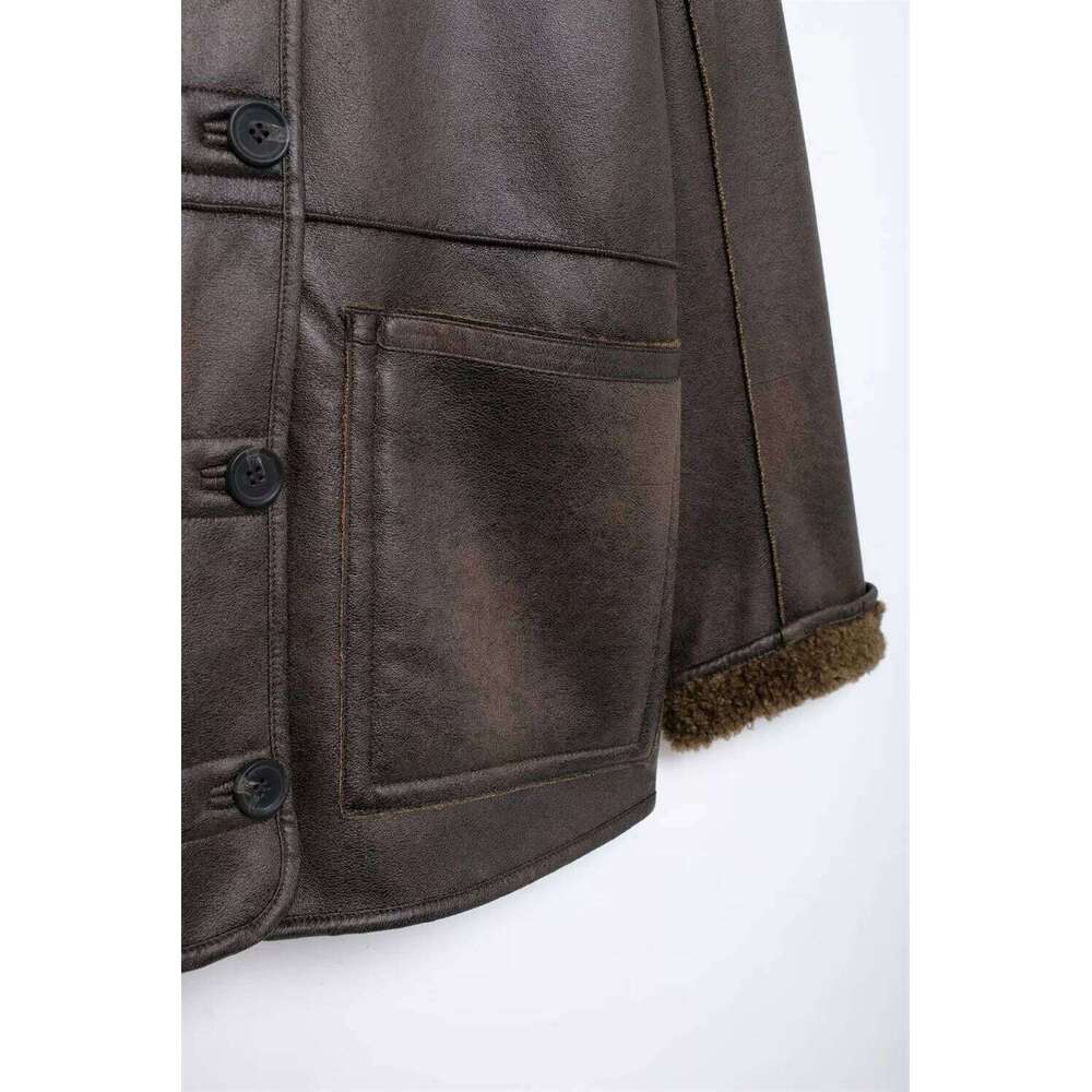 TRAF2024 Autumn/Winter New Women's Wear High end Warm Leather Double sided Imitation Lamb Wool Loose Coat