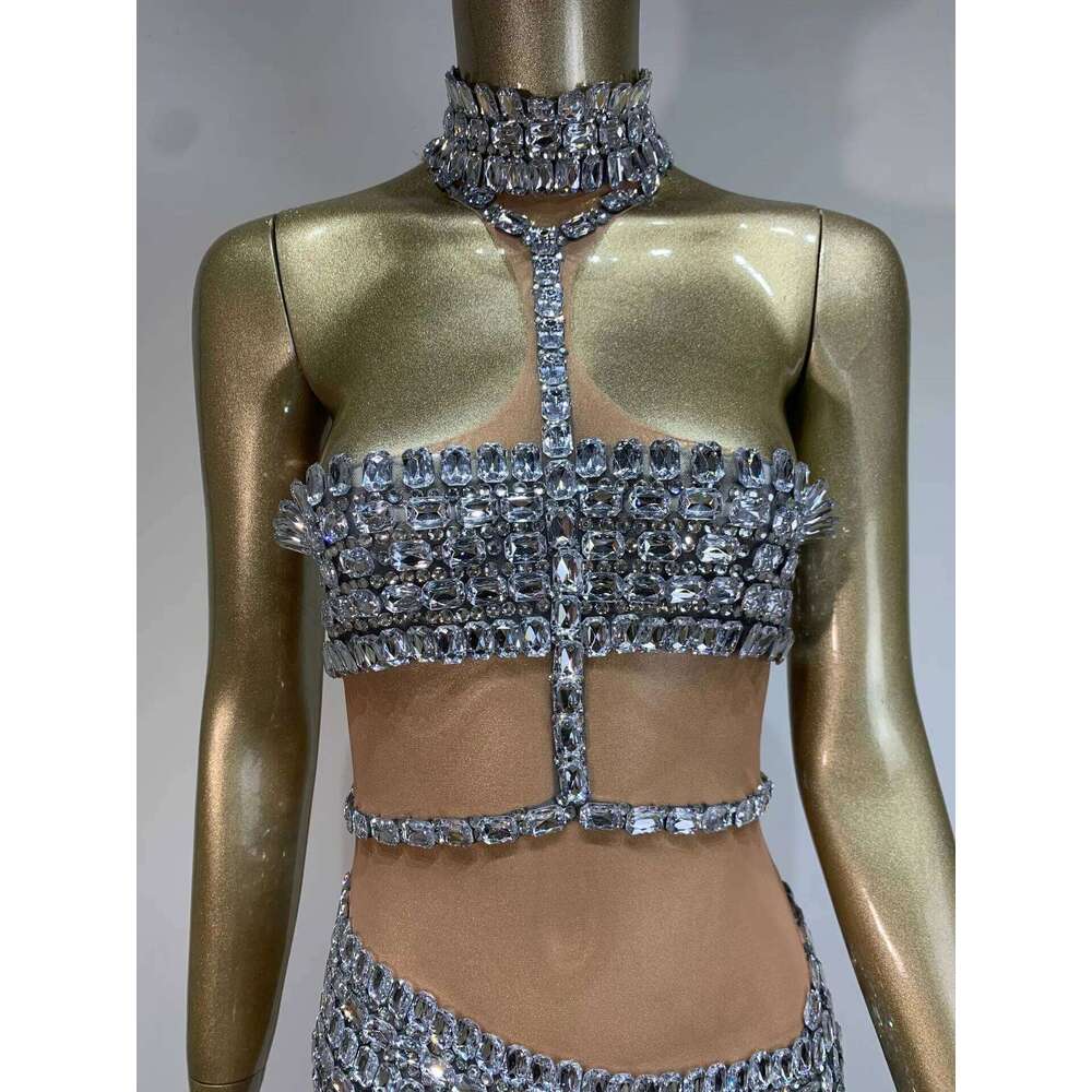 Ladies Celebrity Women Sexy Tank Crystal Dias Mesh Mini Dress Birthday Party Costume Bar Nightclub Stage Performance Outfit