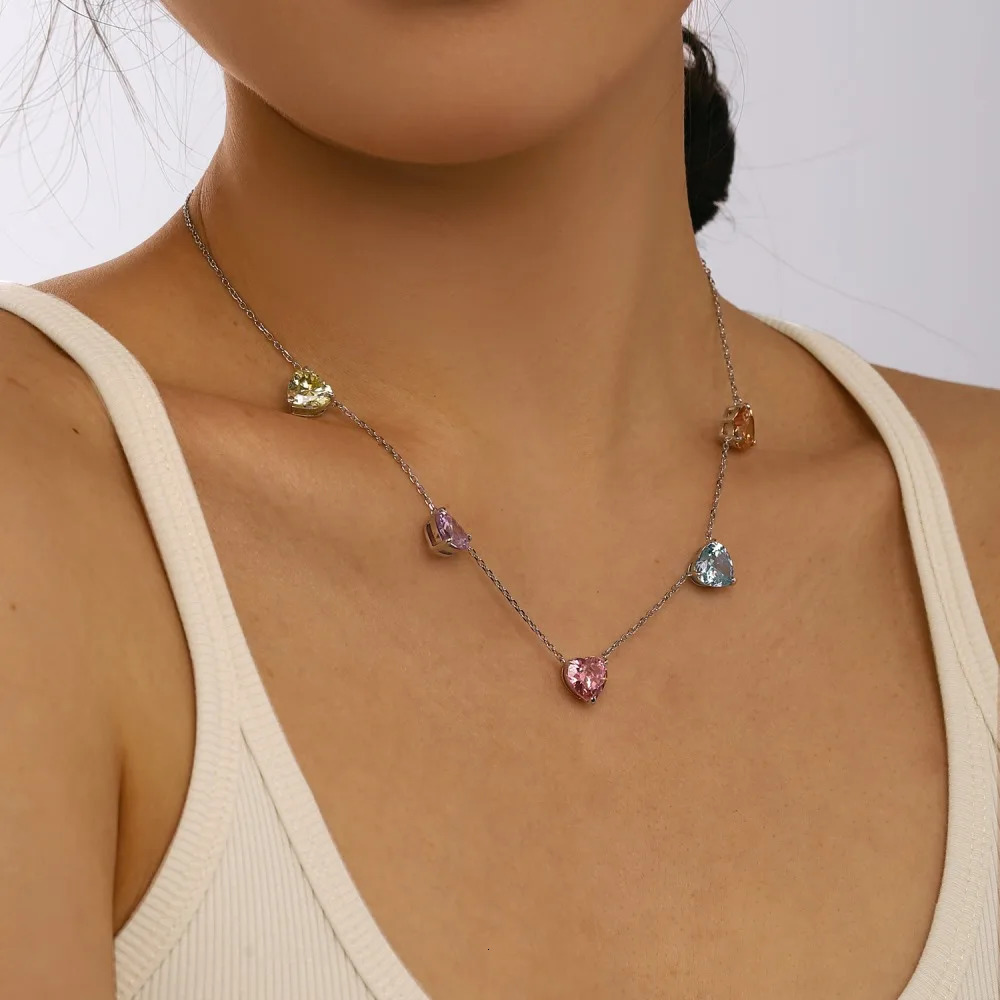 Genuine S925 Sterling Silver Necklace 5 Rainbow Heart Pendants Cubic Zircon Elegant Jewelry Gift for Women Wife Girlfriend 250609