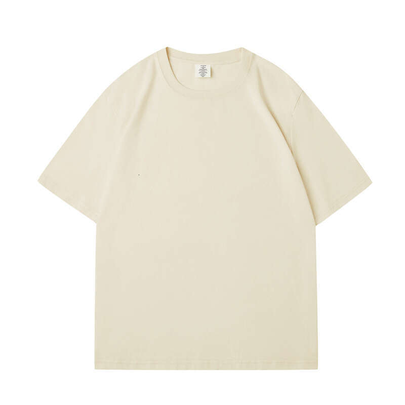 Short Sleeve Summer Round Neck 230g Pure Cotton Tee Small Neckline Solid Color Youth Unisex Regular Shoulder T-Shirt-Beige