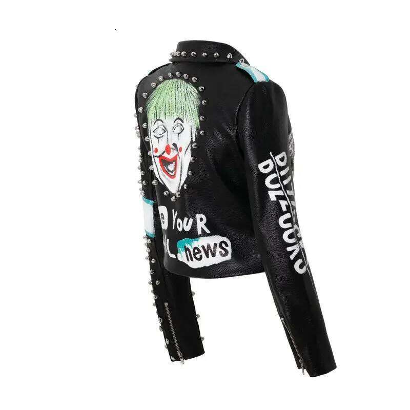 Streetwear Punk Studded Slim Cropped For Women 2025 New Contrast Graffiti Print Faux Leather Motorcycle Jacket