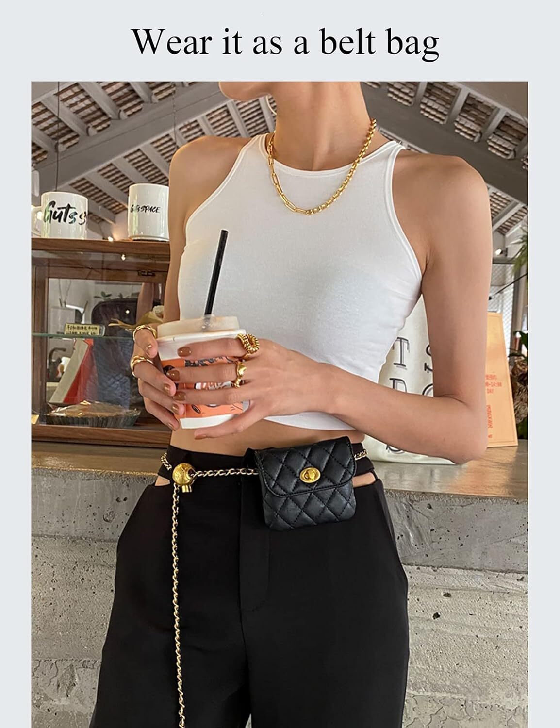 BEMY Leather Chain Belt Bag for Women Black Crossbody Waist Purse Fanny Pack Fashion Evening Clutch Mini Handbag Detachable