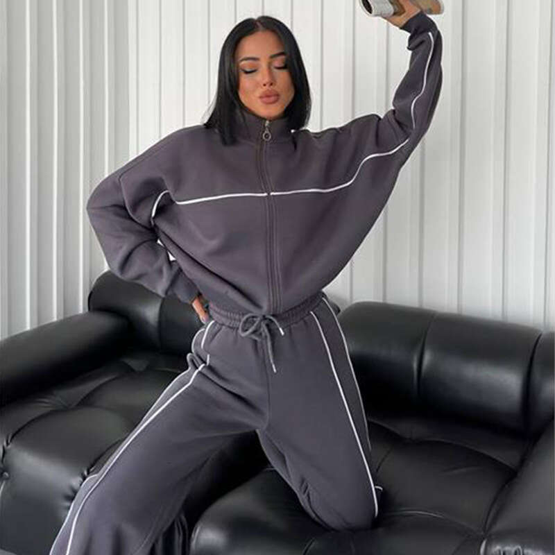 2025 European and American Fashion Set for Women: Long Sleeve Turtleneck Cardigan Sweatshirt with Drawstring Striped Pants, Two-Piece Elegant Versatil