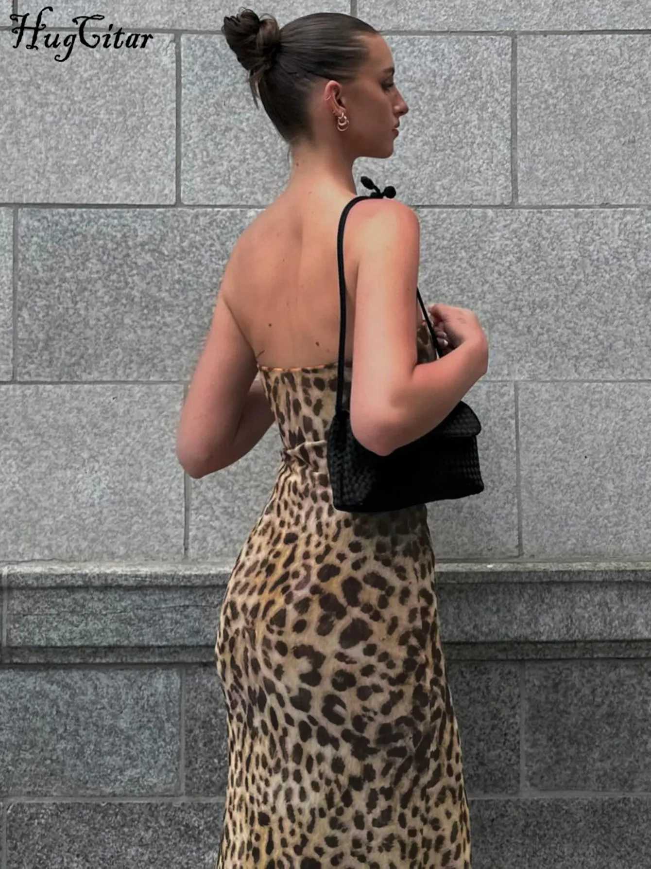 Hugcitar Women Fashion Leopard Print Strapless Slit Sexy Bodycon Midi Dress Summer Y2K Outfits Beach Vacation Club Sundress XJ250610