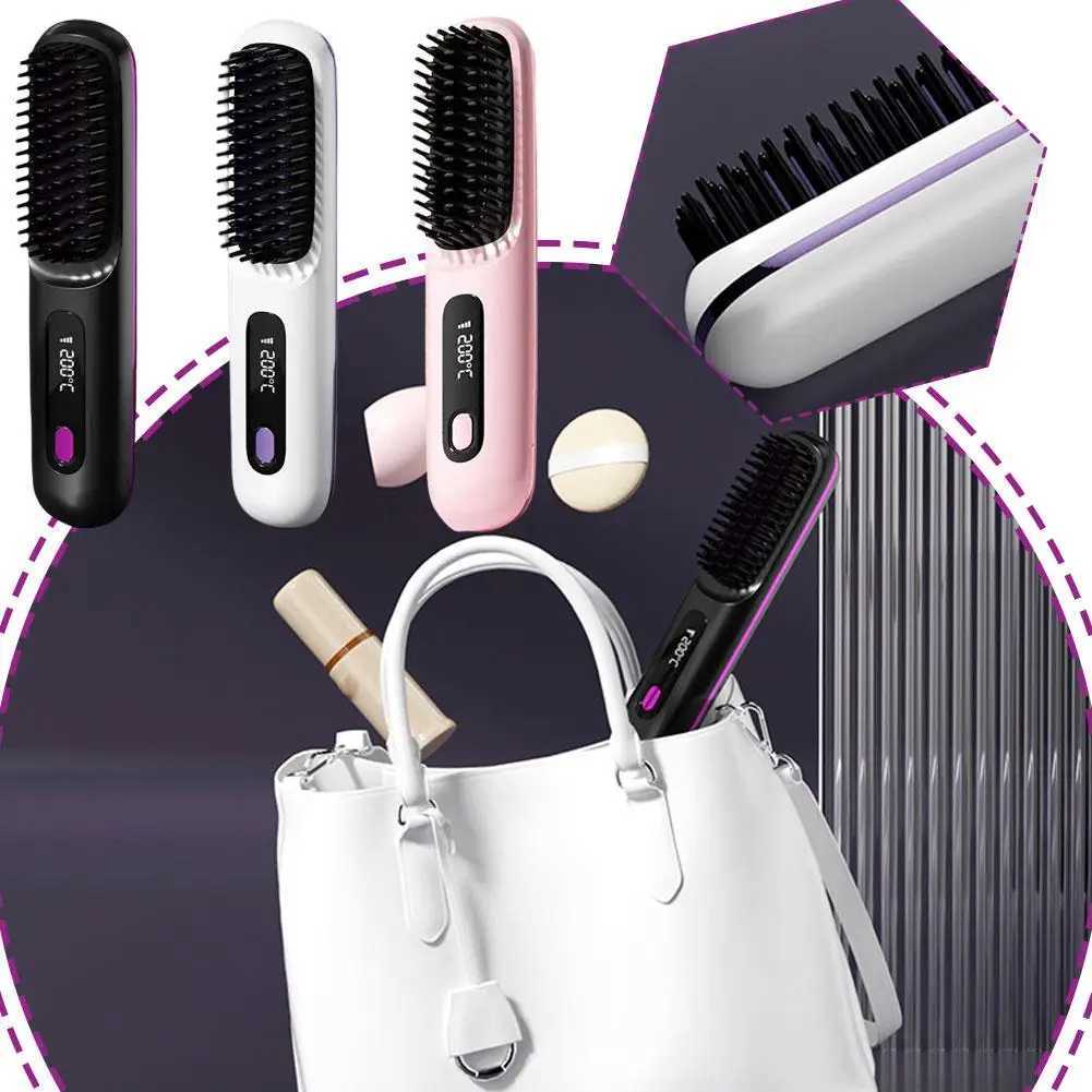 Wireless Portable Hair Straightener Brush Electric Hair Heated Brush Ion Straightening Tool LCD Comb Styling Negative Strai F4D1 W250610