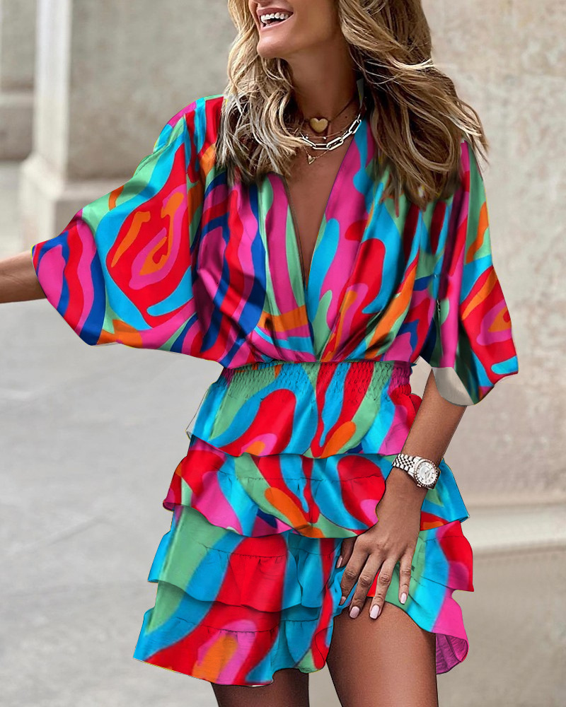 2025 Summer Autumn Dress Designer Bat Sleeve V-neck Hem Irregular Mini Sexy Bodycon Printed Dresses For Woman Streetwear Outfits Skirt