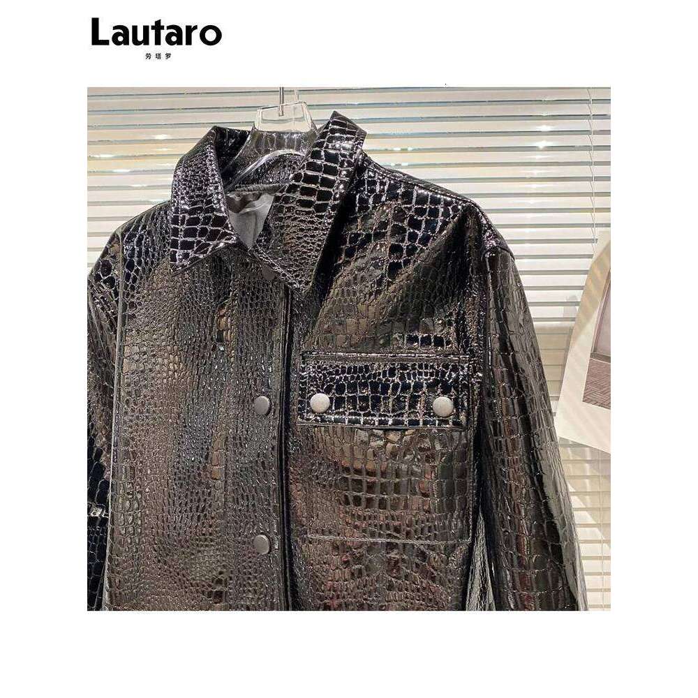 Lautaro-Short Black Patent Leather Jacket For Women, Shiny Reflective Crocodile Print, Long Sleeve, Cool Fashion, Spring,