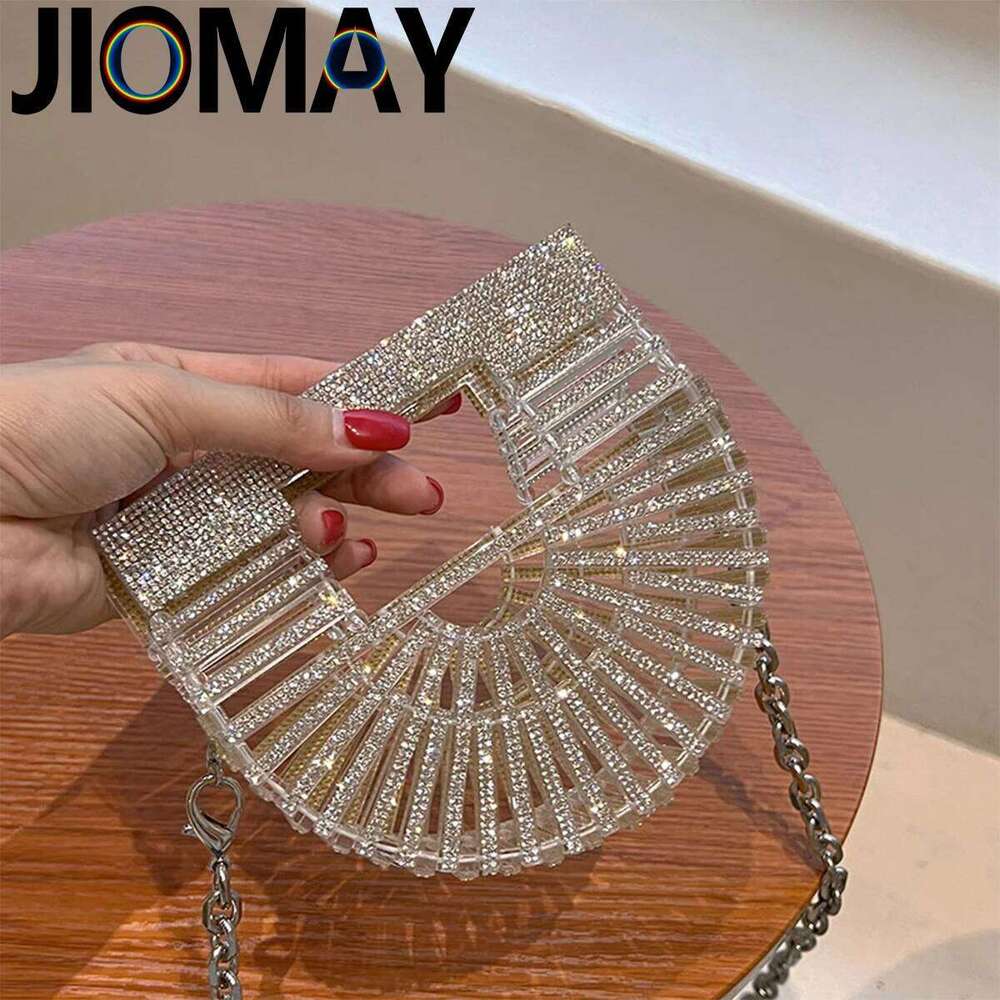 Half Moon Rhinestone Hollowed Out Dia Basket Wallet Box Shaped Mini Sparkling Banquet Bag Fashion Wedding Bags