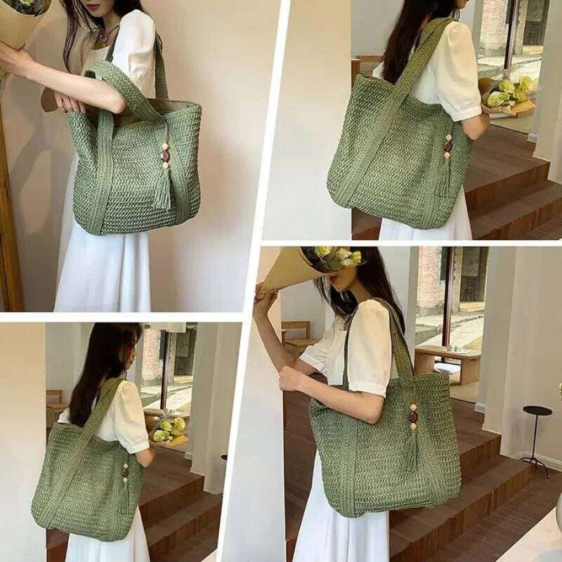 2024 Large Capacity Weave Tote Summer Beach Straw Handbag Tassel Design Female Bohemian Shoulder Bag For Women Ladies