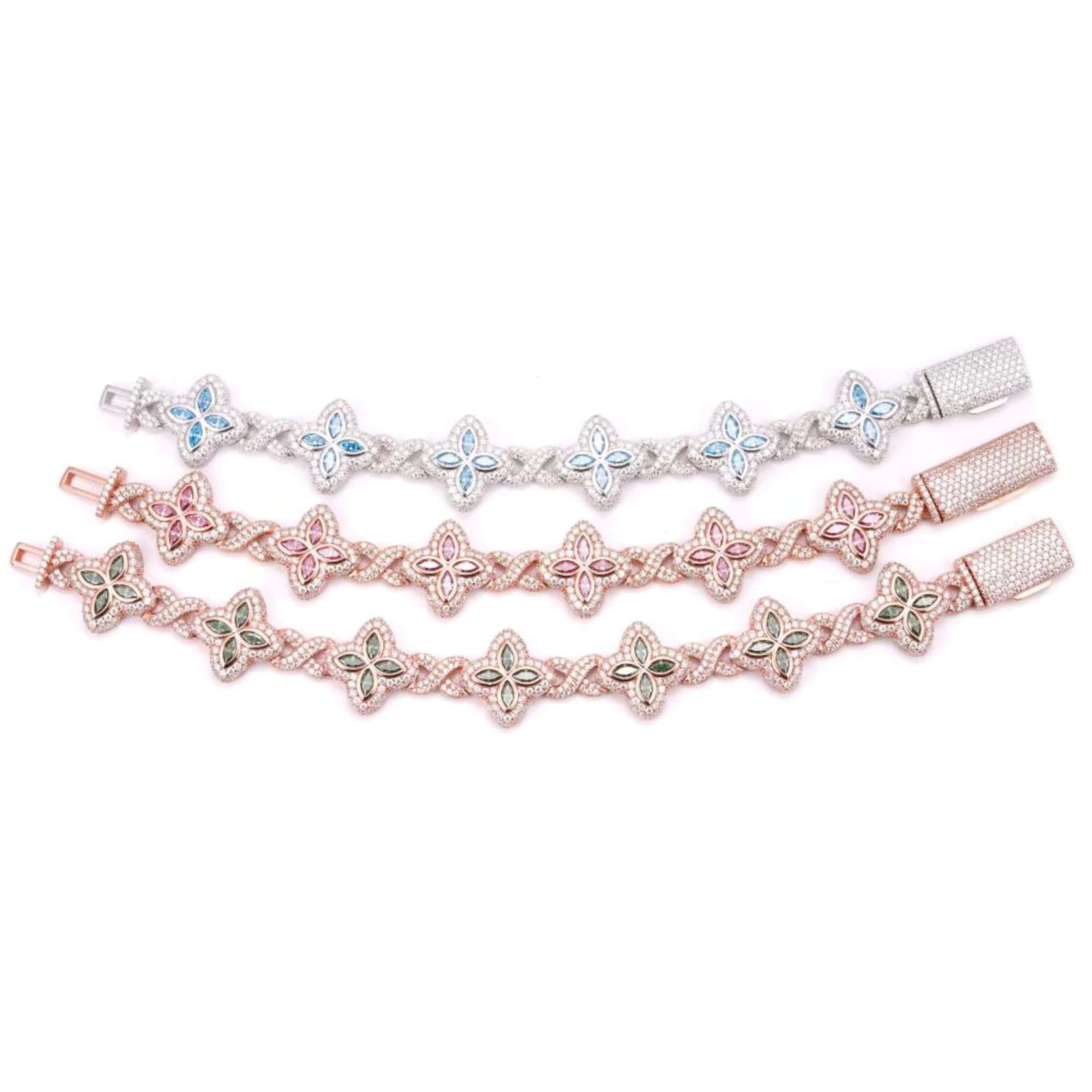 19MM Colored Moissanite 4 Leaf Clover Infinity Link Bracelet Luxury Iced Out Design Sparkling Gemstone Jewelry for Men and Women