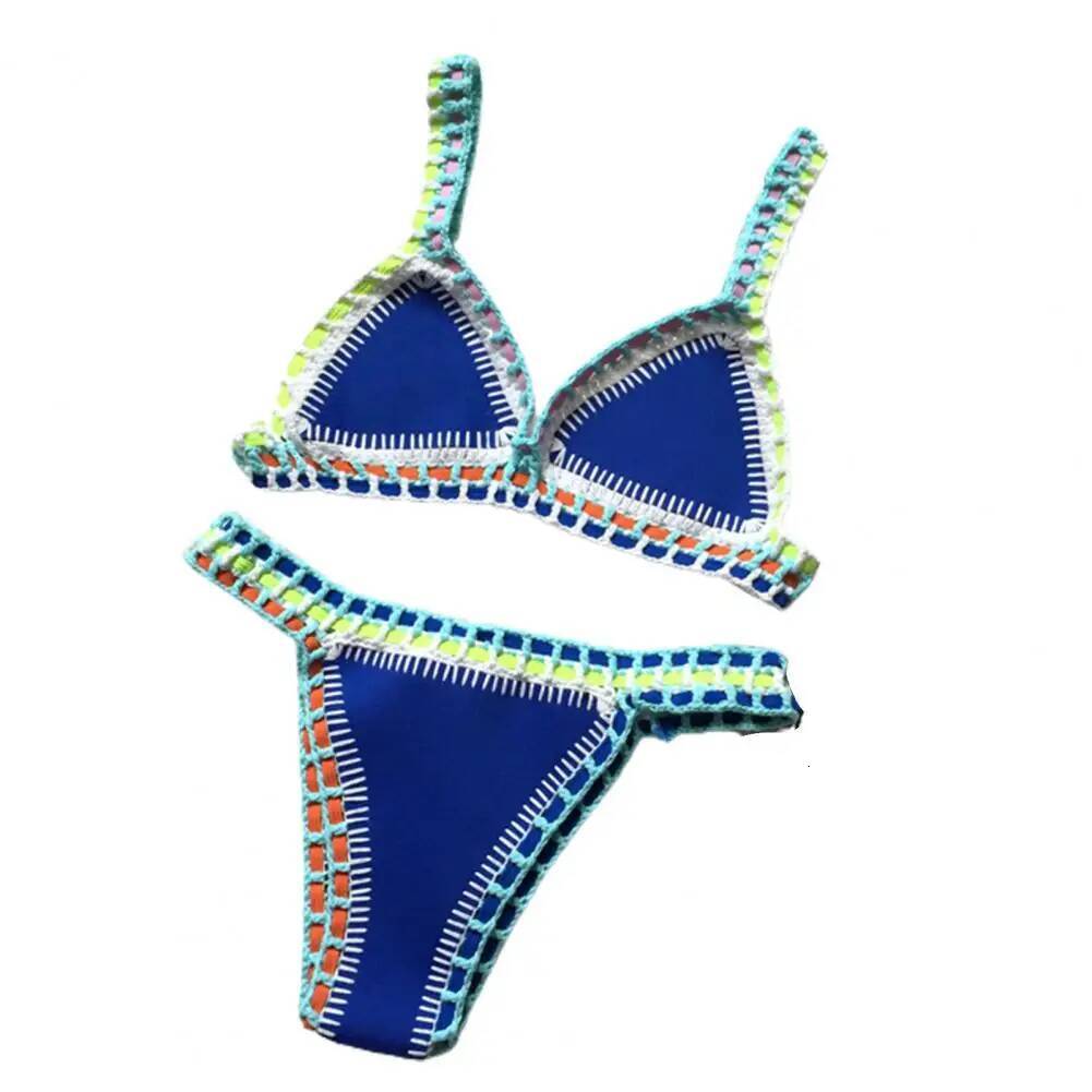 2 Pcs/Set Bathing Suit Bright Color Patchwork Bikini Set Handmade Crochet Women Swimsuit For Beach