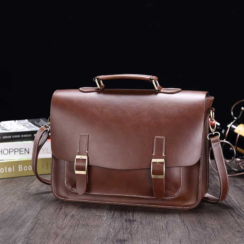 Mens Briefcase Crazy Horse PU Leather Vintage Student Satchel School Office Tote Handbag Shoulder Business Shoulder Womens Bag W250610