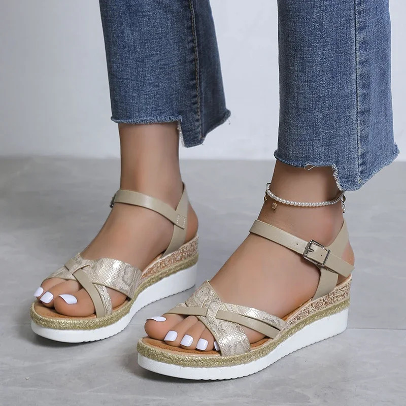 Summer Wedge Sandals for Women Buckle Strap Platform Rome Sandals Woman Open Toe Thick Bottom No-Slip Sandalias Mujer Plus Size 250604