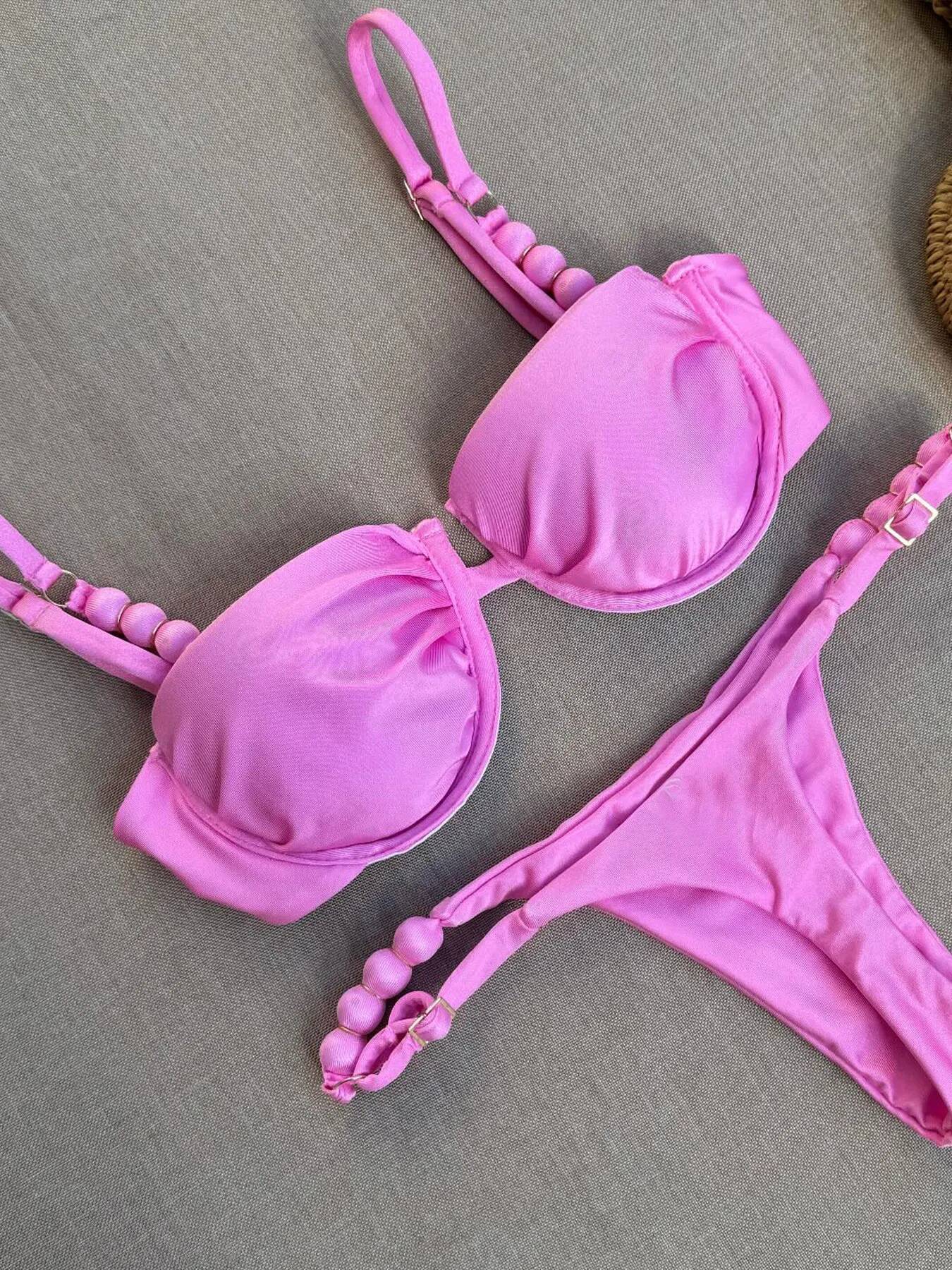 2025 Sexy Pink Bikini Set with Beaded Straps Perfect for Beachwear Pool Parties Special Ocns Stand Out This Summer