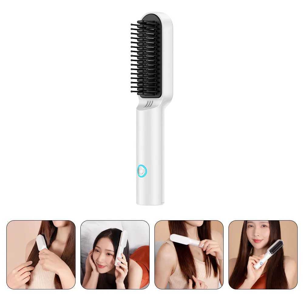 Portable Hair Straightener Comb ABS Material White Color Lightweight Easy to Carry USB Rechargeable Hairdressing Tool for Curly W250610