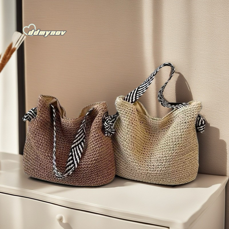 Summer Korean Style Navy Straw Woven Handmade Beach Shoulder Commuter Tote Underarm Bucket Bag ddmynov