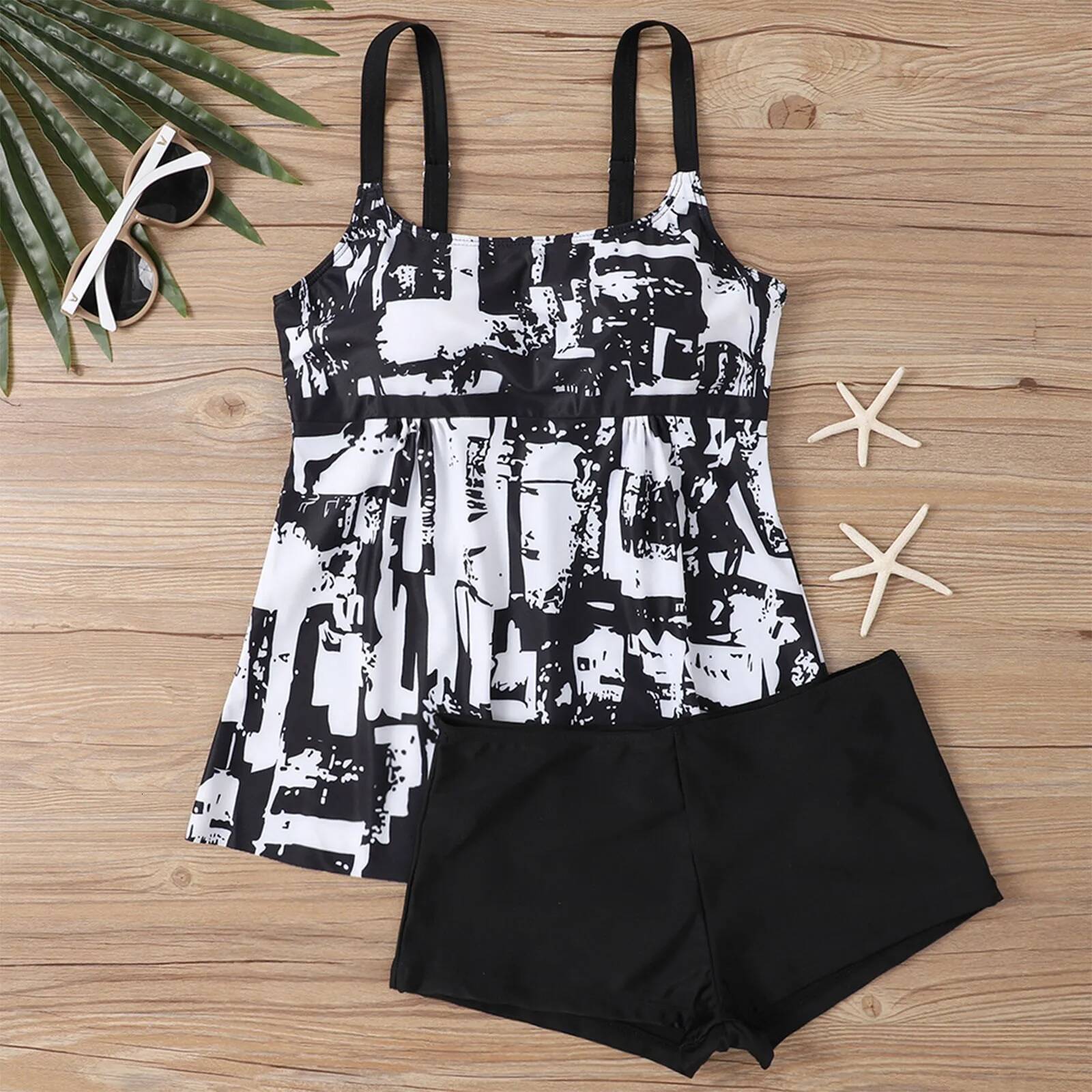 Women Plus Size Swimwear Tankini Digital Print Bikini Set Adjustable Strap Split Bathing Suit Bohemian Vacation Swimsuit