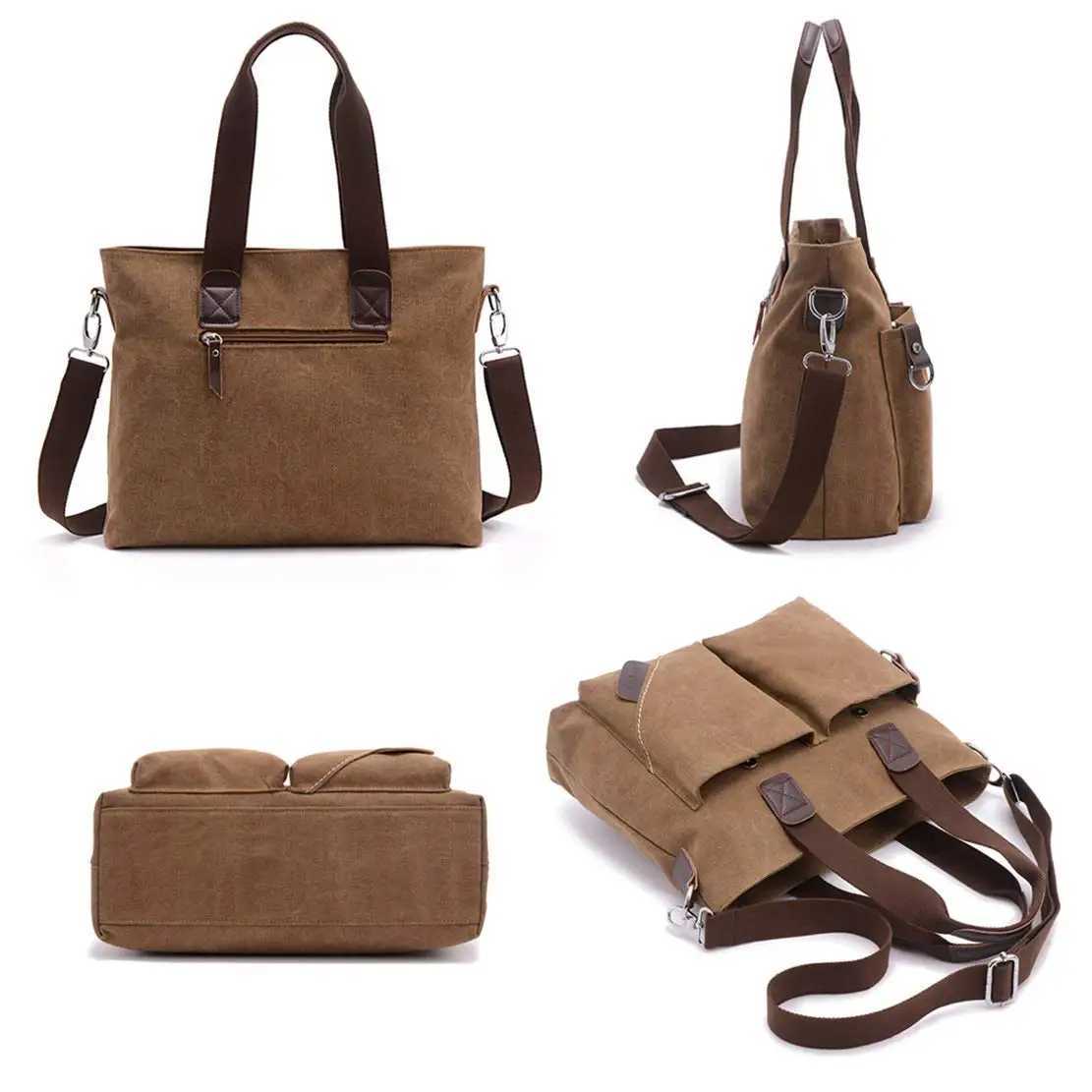 Canvas Men Handbag 14 inch Laptop Briefcase Vintage Solid Color Shoulder Bag Large Capacity Business Retro Messenger Bags W250610