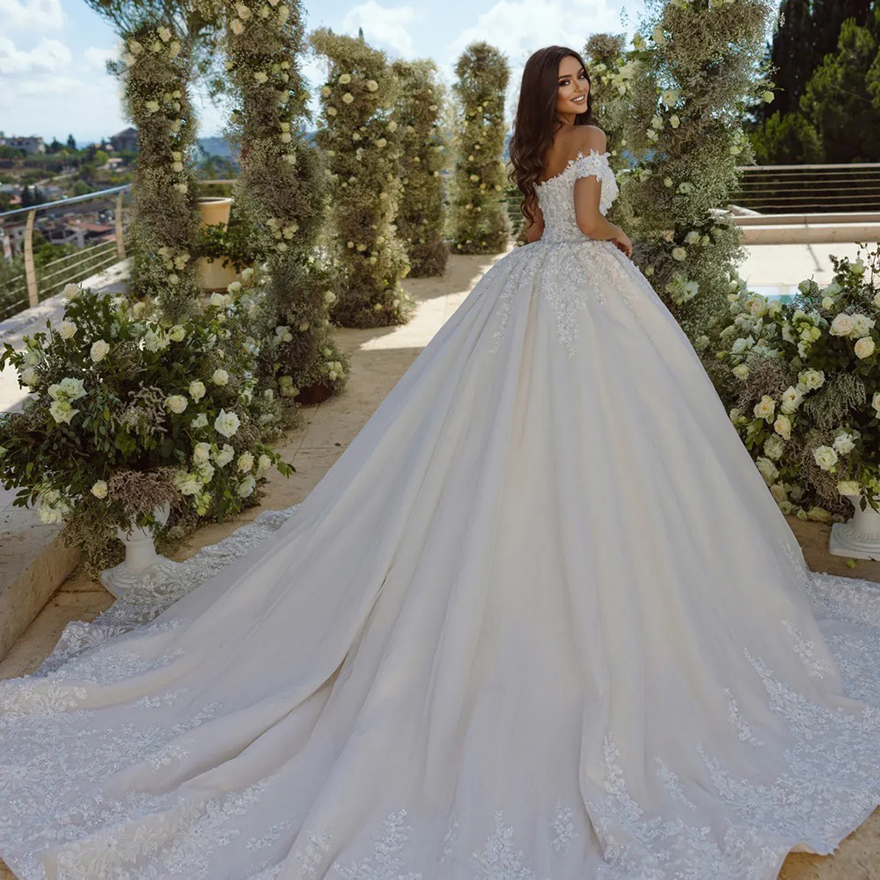 Floral Arabia Off The Shoulder Wedding Dresses Sleeveless Appliques Beaded Beach Bridal Gowns Custom Made Tulle Vestido de Novia