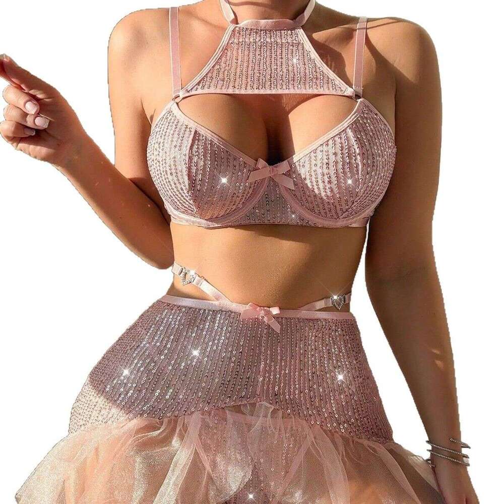 Spell Lingerie Porn Suits Glitter Nightclub Costume Bowknot Sequin Strap Sexy Mesh Lingerie Sexy Lingerie