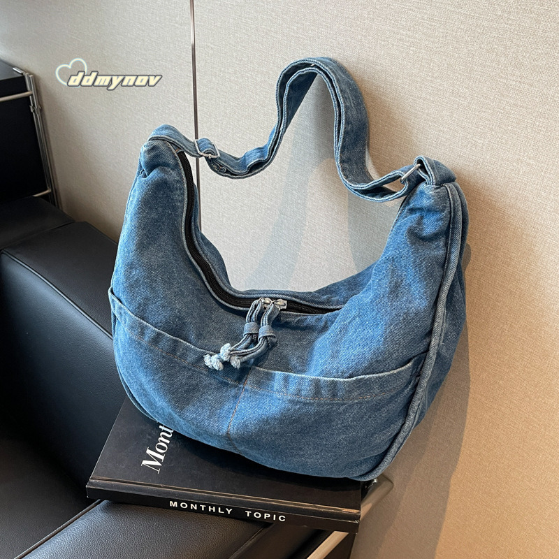 Dumpling Single Shoulder Denim Crossbody for Women Simple Commuting Work Canvas Student Class Bag ddmynov