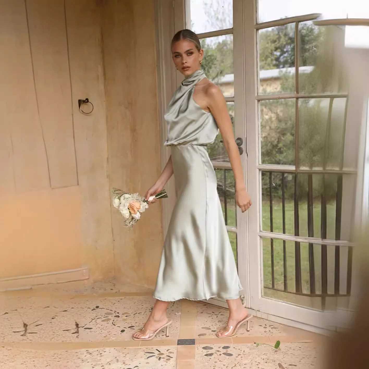Summer High-End Silk Satin Sleeveless Long Dress Women Fashion Elegant Celebrity Dresses Evening Dress Party Clothes Ladies XJ250610