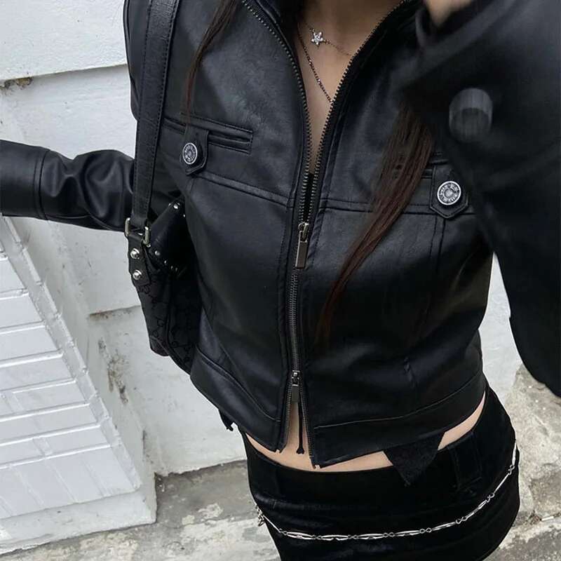 Lygens Leather Long Sleeve Zipper Metal Button Slim Jackets Coats 2023 New Winter Casual Y2K Wholesale Vacation Clothing