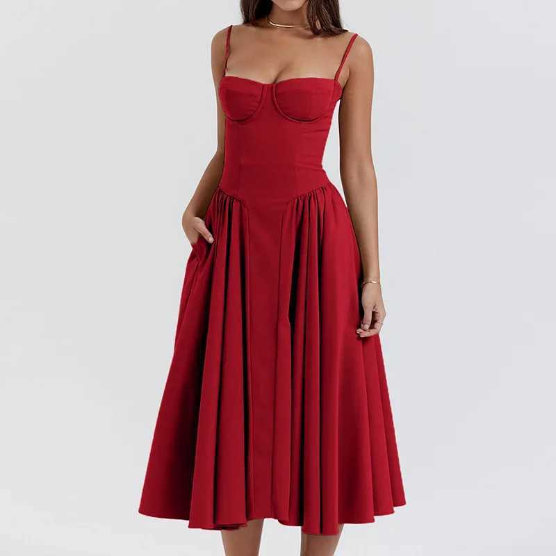 Summer Women Elegant Sleeveless Backless Pleated Dresses Lady Sexy Solid Sling Midi Dress 2024 Female Party Evening A-line Robes XJ250610