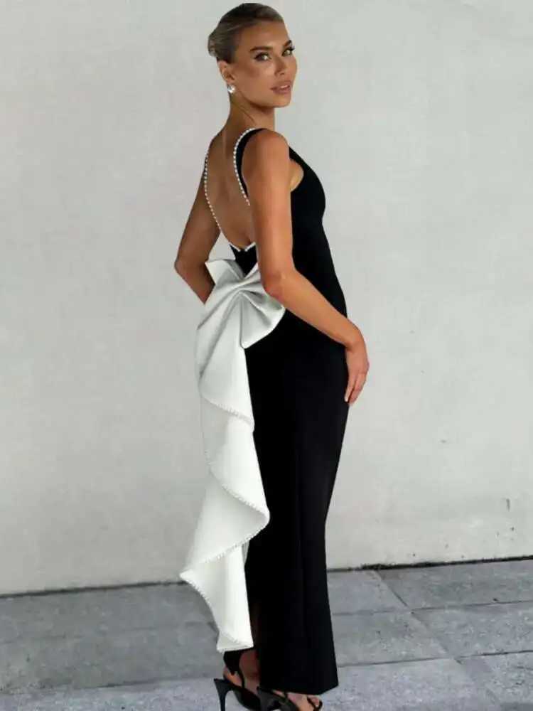 Mozision Elegant Pearl Bow Backless Sexy Maxi Dress Women Gown Fashion Sleeveless High Waist A-line Club Party Long Dress XJ250610