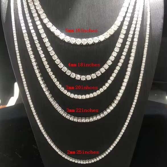 OACOCA In Stock Ice Out 2mm 3mm 4mm 5mm 6mm Moissanite Tennis Chain Necklace Men 925 Sterling Silver Hip Hop Jewelry